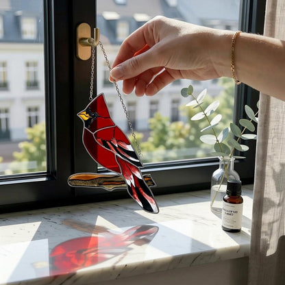 Handmade Stained Glass Cardinal Suncatcher, Red Bird Window Decor, Memorial Gift for Bird Lover, Nature Window Hanging, Glass Art