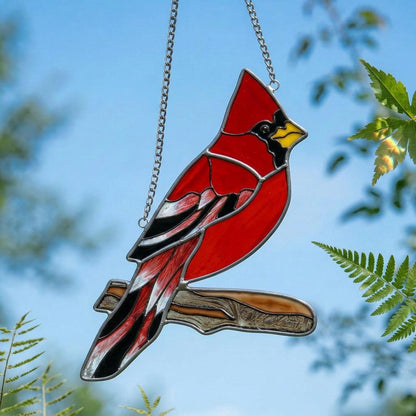 Handmade Stained Glass Cardinal Suncatcher, Red Bird Window Decor, Memorial Gift for Bird Lover, Nature Window Hanging, Glass Art