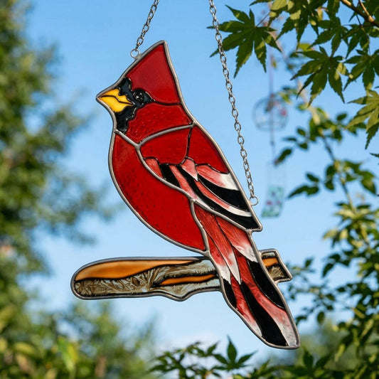 Handmade Stained Glass Cardinal Suncatcher, Red Bird Window Decor, Memorial Gift for Bird Lover, Nature Window Hanging, Glass Art