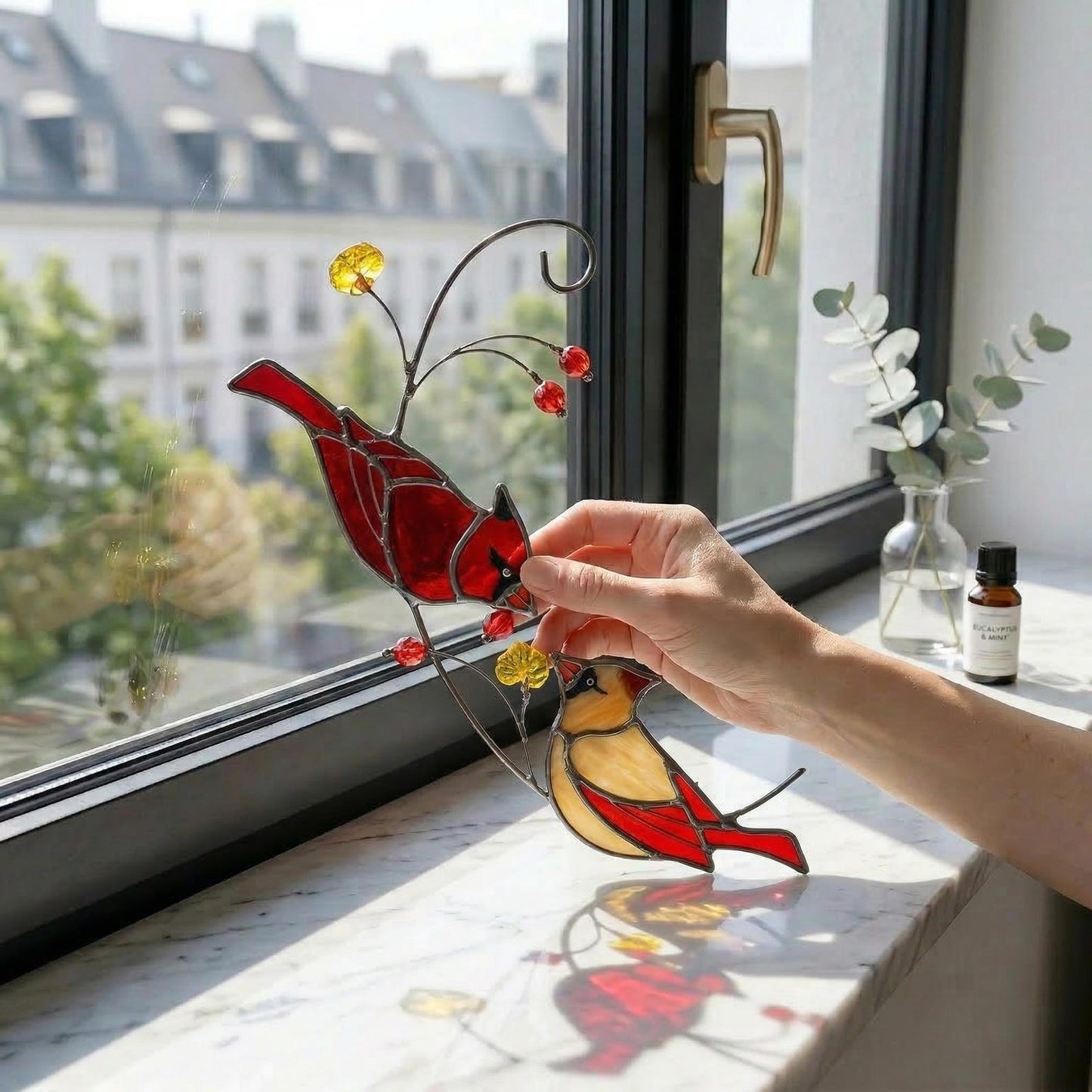 Stained Glass Cardinal Suncatcher | Mother's Day Gift for Mom | Bird Window Hanging | Memorial Gift | Spring Garden Decor