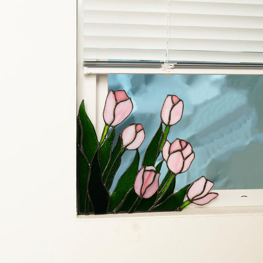 Stained glass pink tulips window corner-Spring home decor
