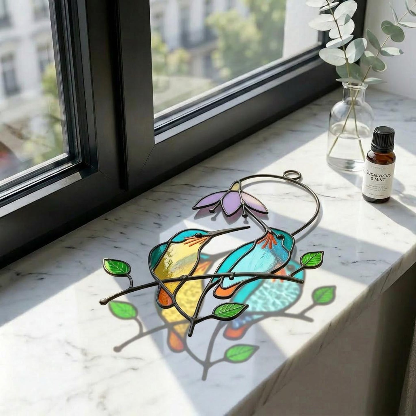 Stained Glass Hummingbird Suncatcher | Bird Window Hanging | Unique Gift for Mom | Handmade Nature Art Decor