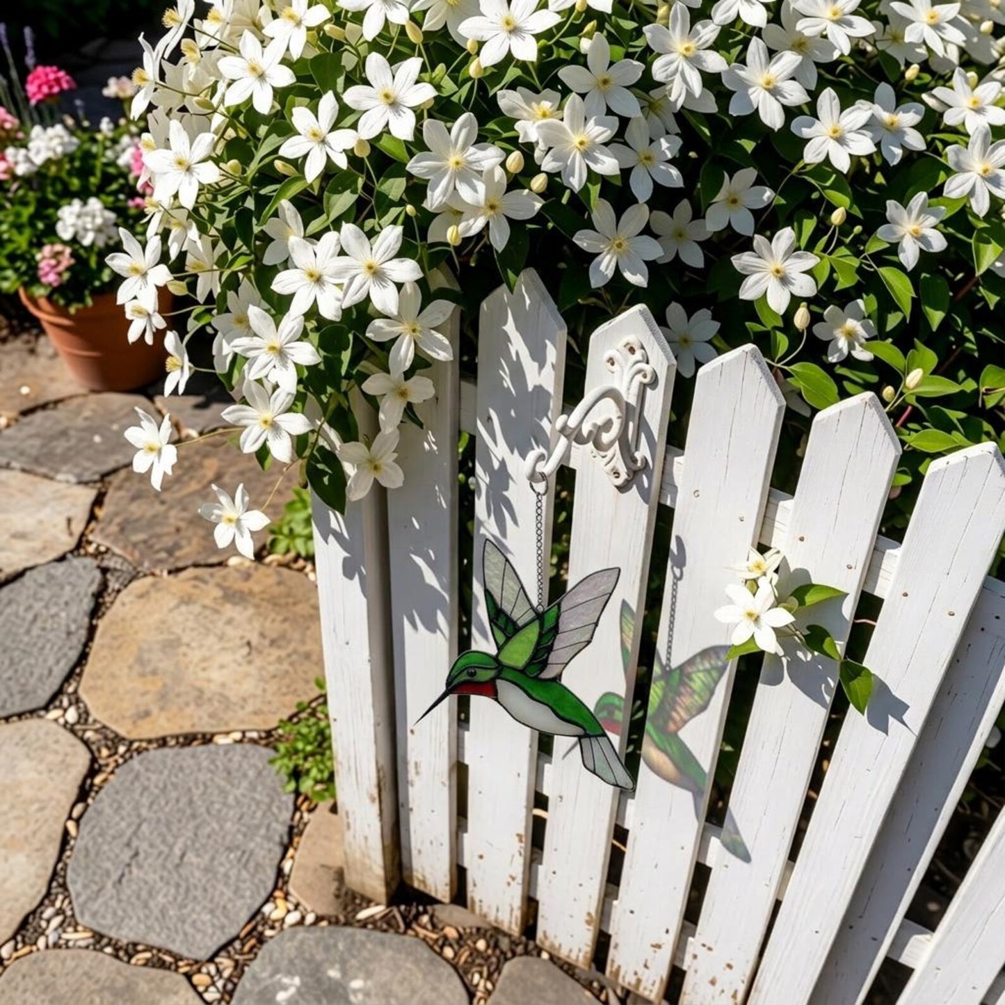 Handmade Green Stained Glass Hummingbird Suncatcher | Window Hanging Glass Art & Garden Decor | Mother's Day Gift for Her