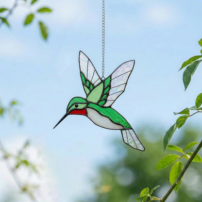 Handmade Green Stained Glass Hummingbird Suncatcher | Window Hanging Glass Art & Garden Decor | Mother's Day Gift for Her