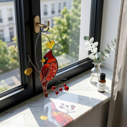 Stained Glass Cardinal Suncatcher, Sympathy Memorial Gift, Red Bird Window Hangings, Mothers Fathers Day Gift, Handmade Glass Art