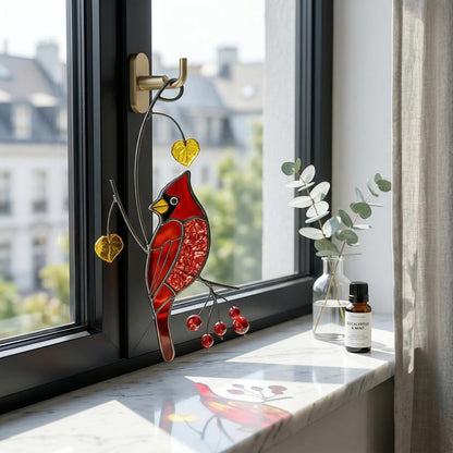 Stained Glass Cardinal Suncatcher, Sympathy Memorial Gift, Red Bird Window Hangings, Mothers Fathers Day Gift, Handmade Glass Art