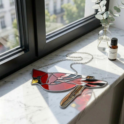 Handmade Stained Glass Cardinal Suncatcher, Red Bird Window Decor, Memorial Gift for Bird Lover, Nature Window Hanging, Glass Art