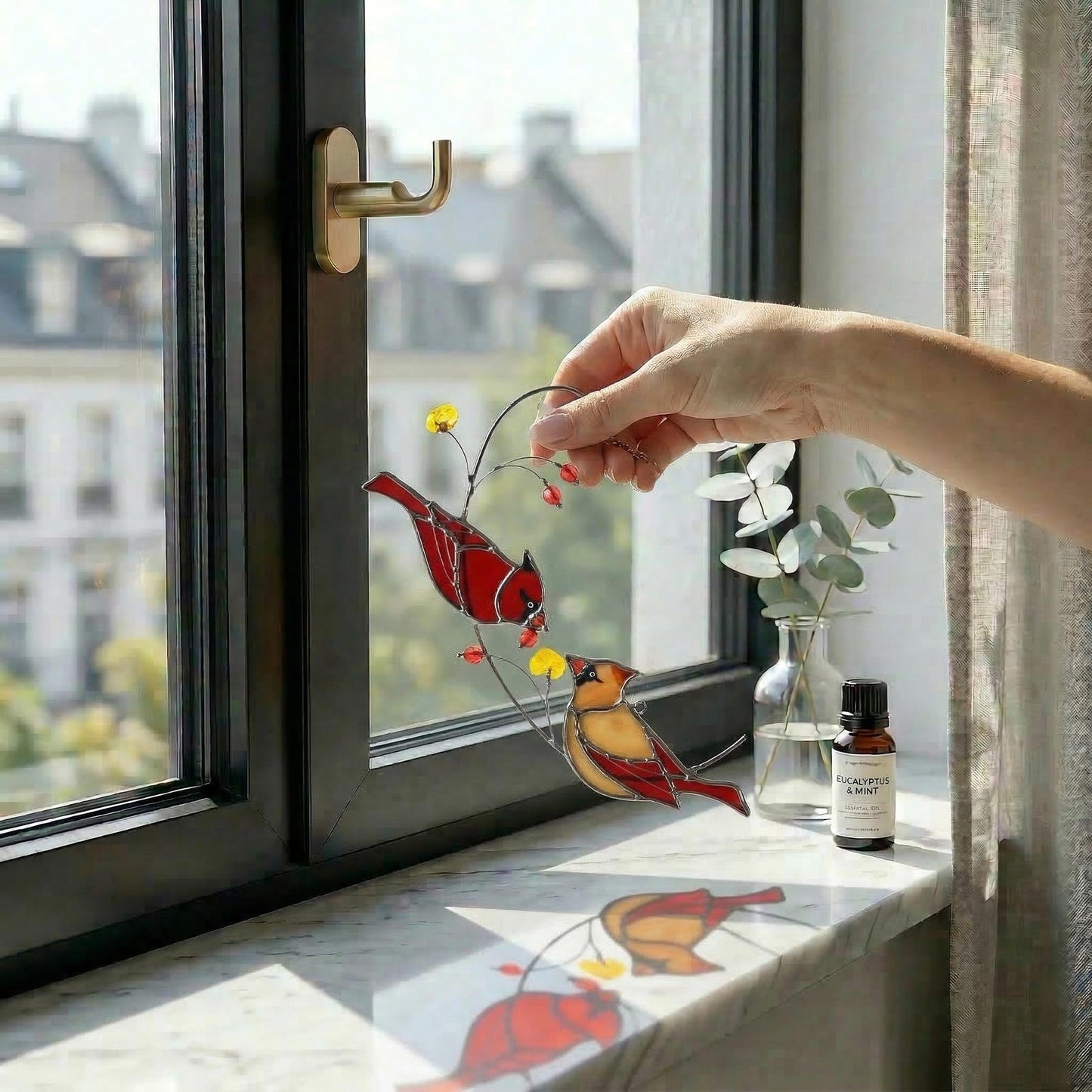 Stained Glass Cardinal Suncatcher | Mother's Day Gift for Mom | Bird Window Hanging | Memorial Gift | Spring Garden Decor