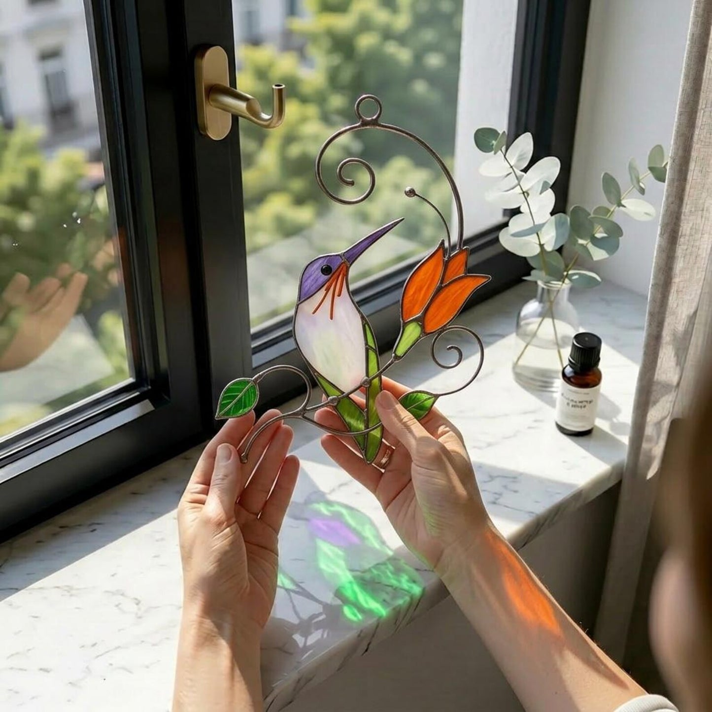 Hummingbird & Chickadee Stained Glass Suncatcher, handemade Hummingbird suncatcher, Unique Garden Decor Gift for Mom