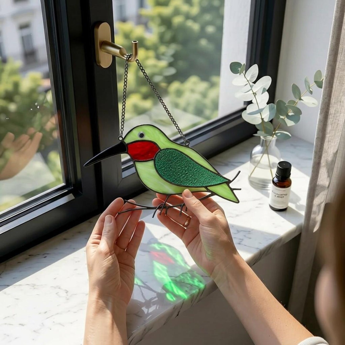 Hummingbird Stained Glass Suncatcher | Handmade Window Hanging Bird Decor | Housewarming Gift for Mom | Bird Lover Unique Present