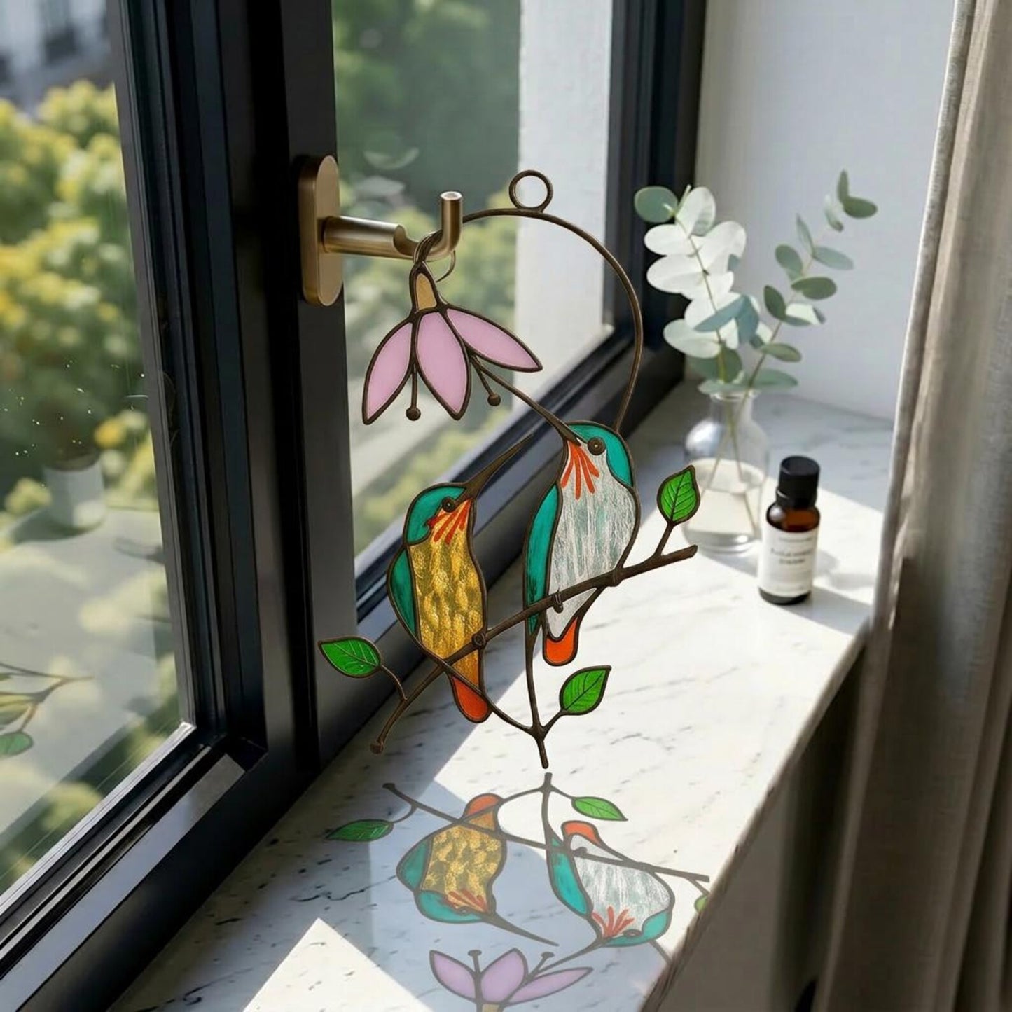 Stained Glass Hummingbird Suncatcher | Bird Window Hanging | Unique Gift for Mom | Handmade Nature Art Decor