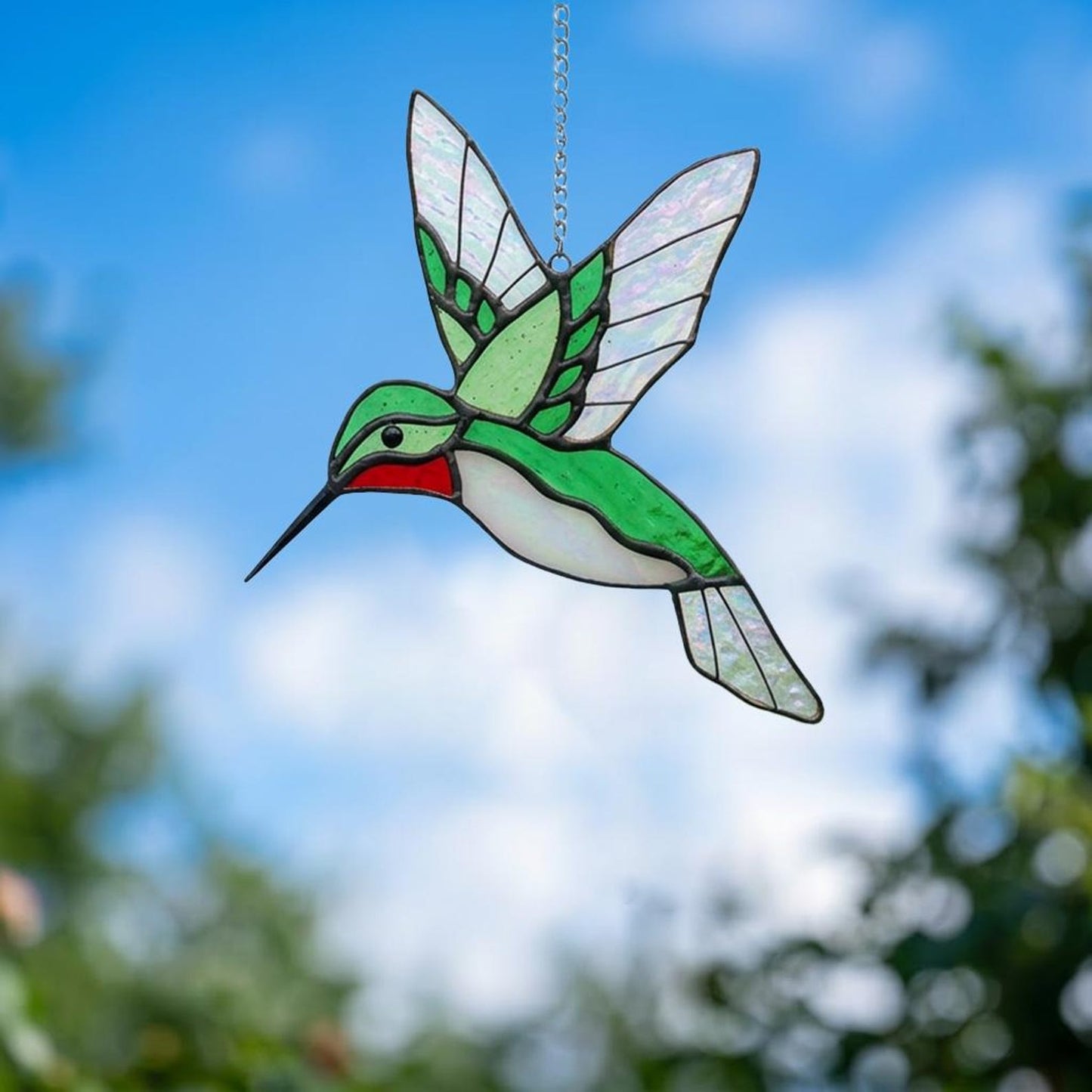 Handmade Green Stained Glass Hummingbird Suncatcher | Window Hanging Glass Art & Garden Decor | Mother's Day Gift for Her