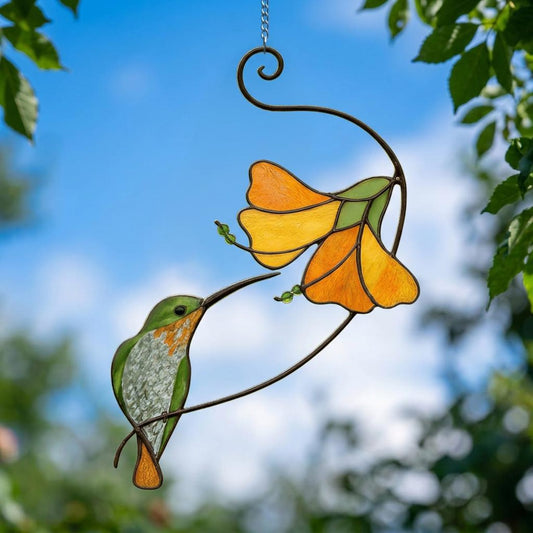 Hummingbird & Chickadee Stained Glass Suncatcher, handemade Hummingbird suncatcher, Unique Garden Decor Gift for Mom