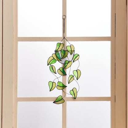 Stained Glass Hanging Plant Suncatcher, Boho Home Decor (15.5'' H)