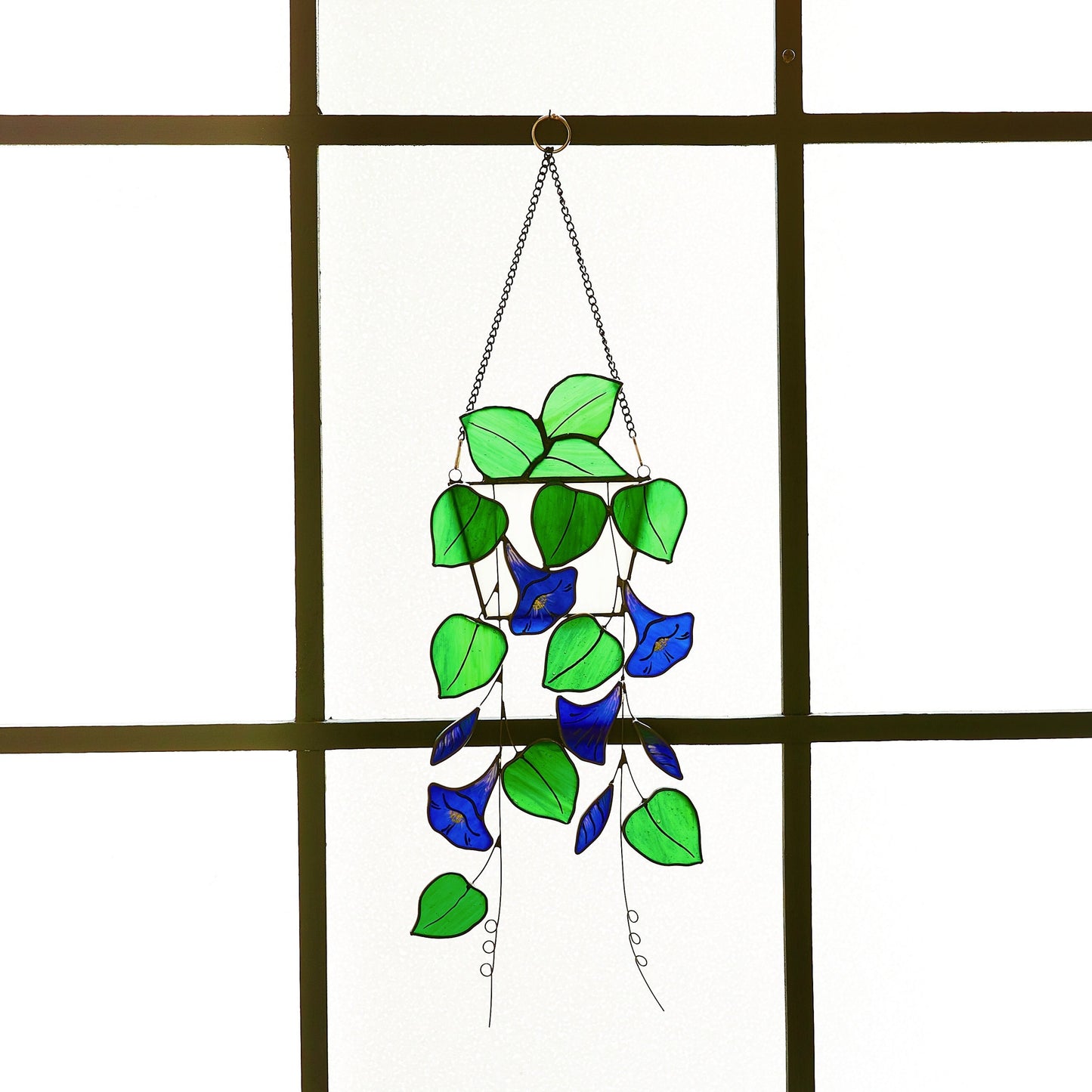 Blue Morning Glory Stained Glass Suncatcher - Boho Window Decor