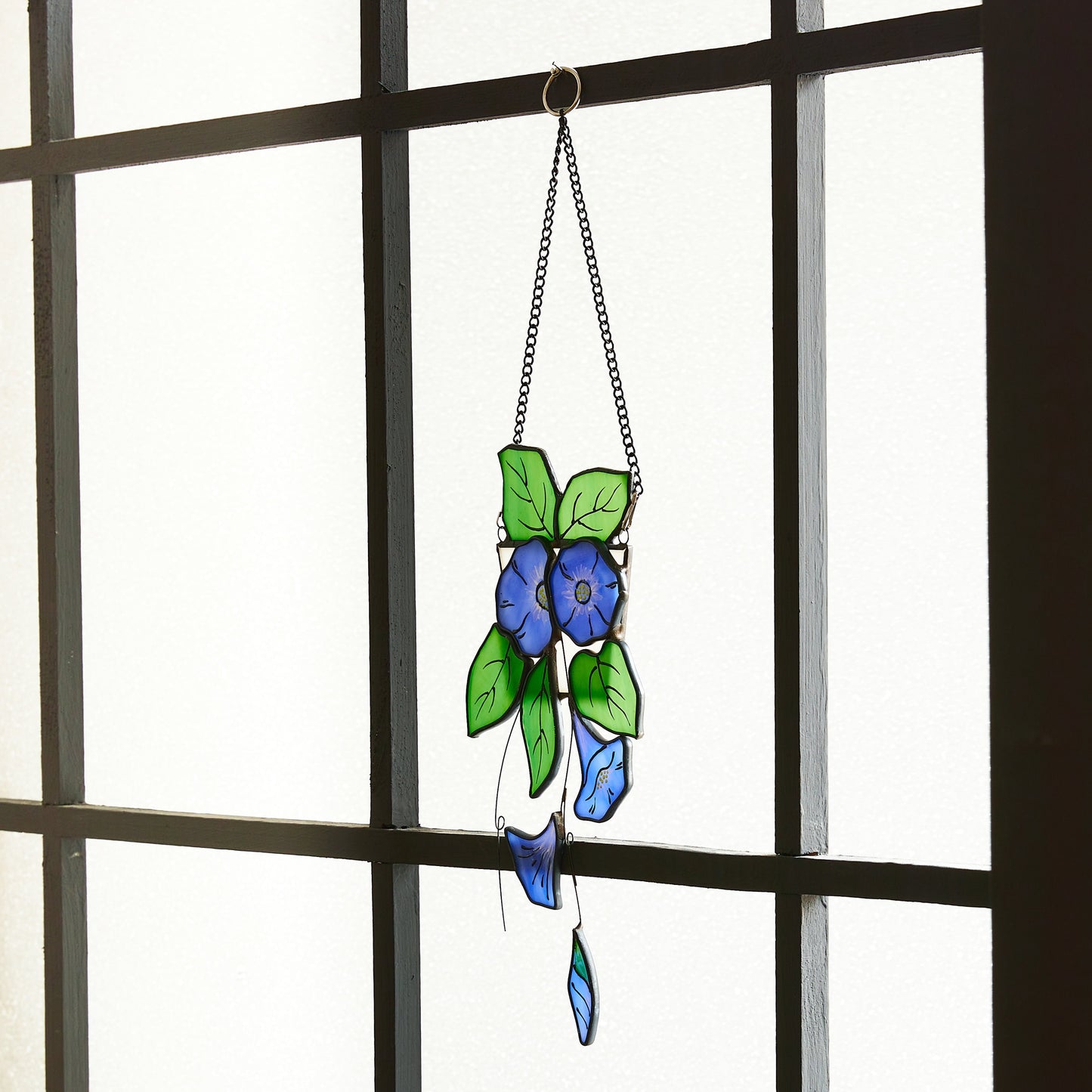 Blue Morning Glory Stained Glass Suncatcher - Boho Window Decor