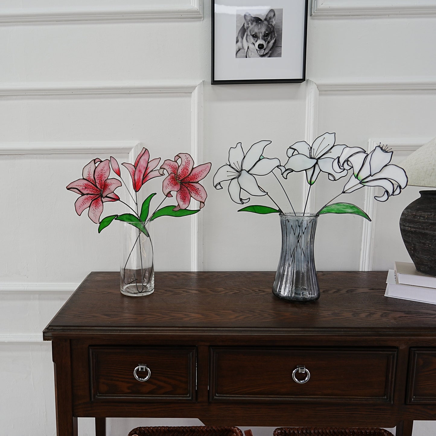 Pink Lily Stained Glass Flowers, Set of 3, Handmade Home Decor