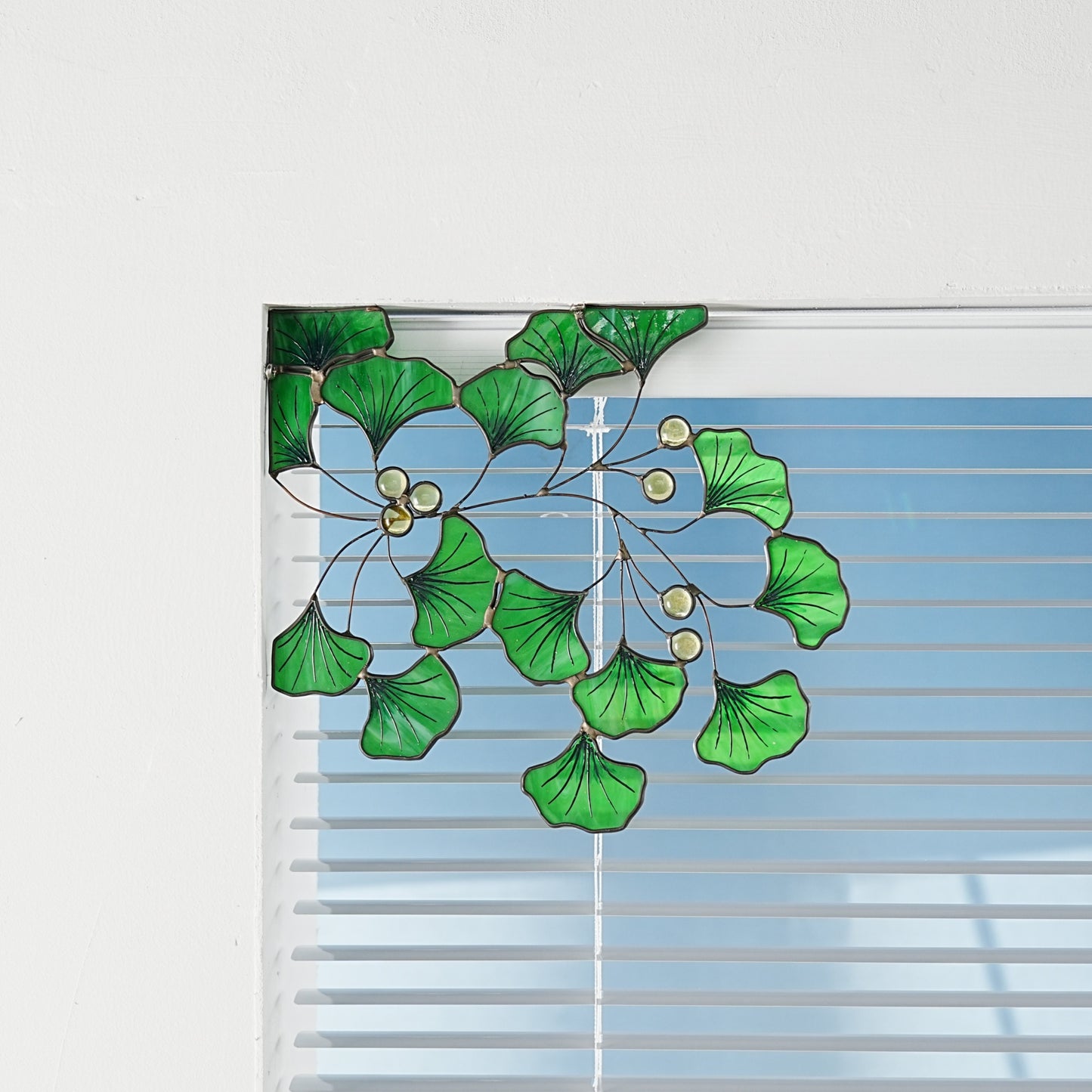 Green Gingko stained glass window corner-window corners-Gingko leaves decor-Garden deocr-Nature-inspired-Unique home design-suncatcher