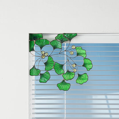 Green Gingko stained glass window corner-window corners-Gingko leaves decor-Garden deocr-Nature-inspired-Unique home design-suncatcher
