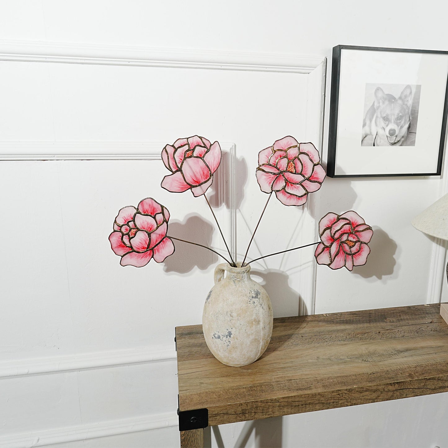 Pink Stained Glass Peony Flowers - Set of 4 handmade home style