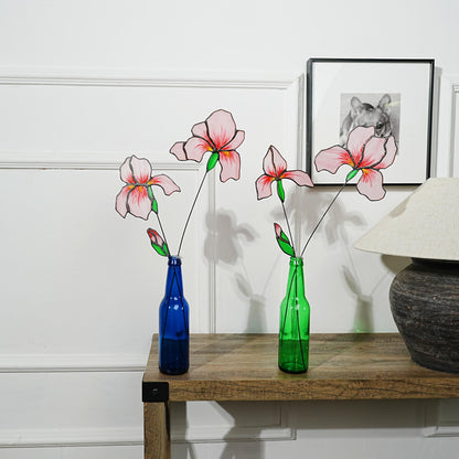 Pink Iris Stained Glass Flowers: Home Art Decor, Set of 4