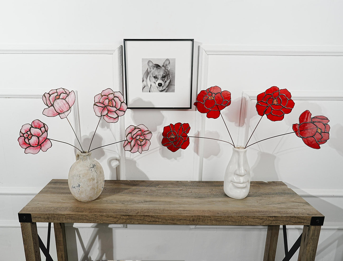 Pink Stained Glass Peony Flowers - Set of 4 handmade home style