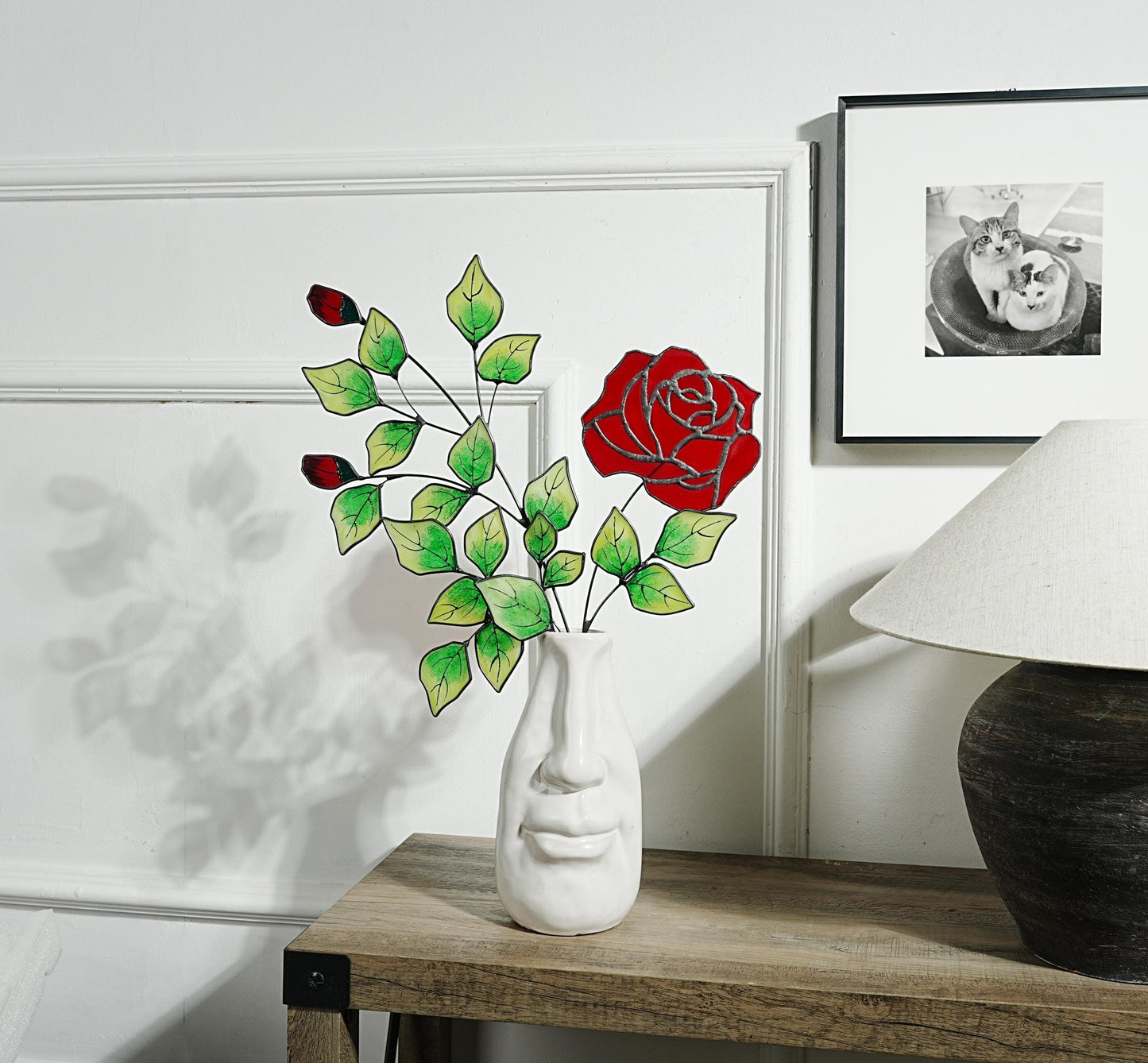 Stained Glass Rose Flower Decor: Hand-Painted Leaf Textures