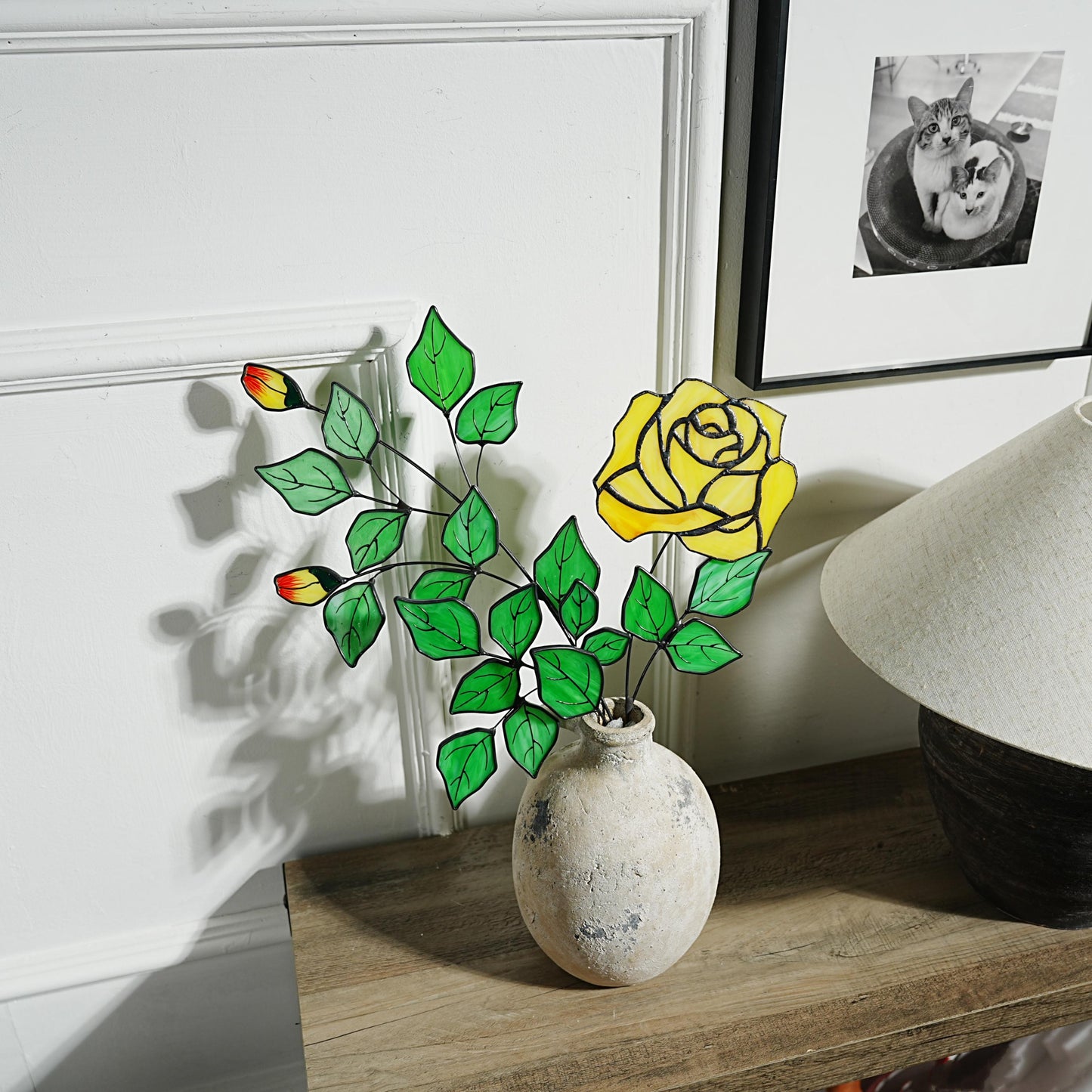 Stained Glass Rose Flower Decor: Hand-Painted Leaf Textures