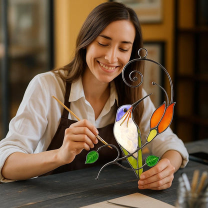 Handmade Hummingbird Stained Glass Suncatcher, Tiffany Art Window Hanging