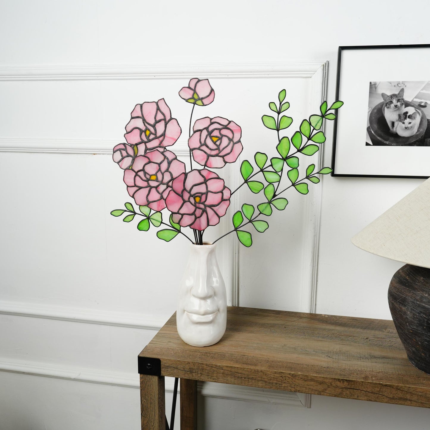 Stained Glass Peony & Eucalyptus Bouquet: Minimalist Floral Home Decor