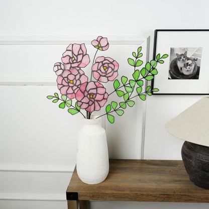 Stained Glass Peony & Eucalyptus Bouquet: Minimalist Floral Home Decor
