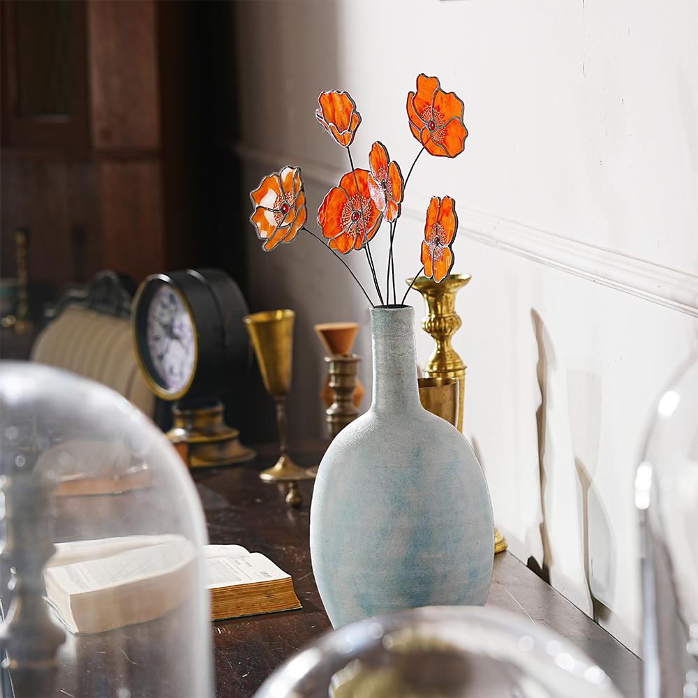 California Poppy Stained Glass Bouquet, Home Decor, Set of 6