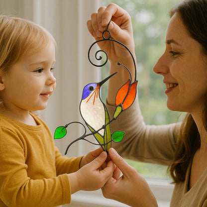 Handmade Hummingbird Stained Glass Suncatcher, Tiffany Art Window Hanging