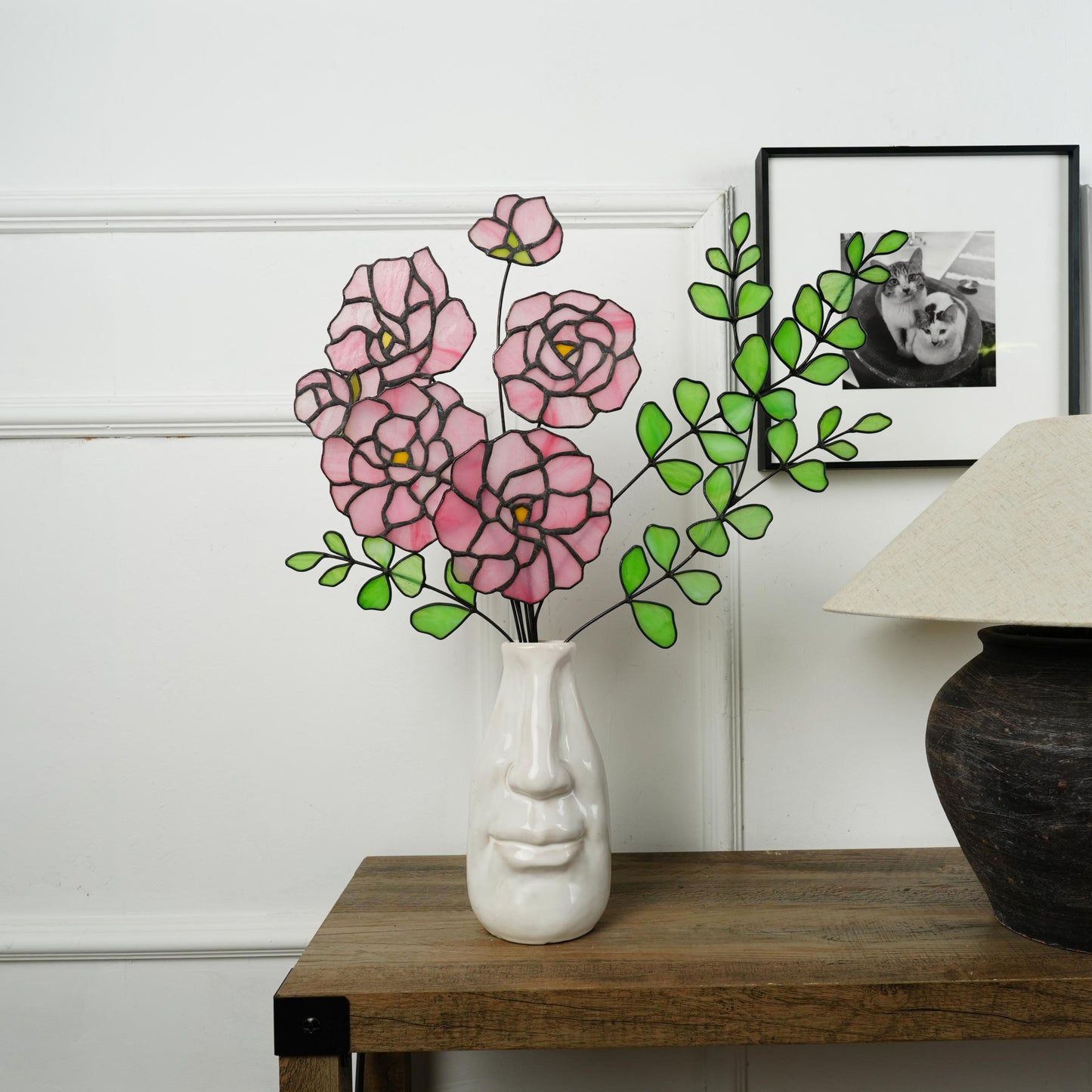 Stained Glass Peony & Eucalyptus Bouquet: Minimalist Floral Home Decor