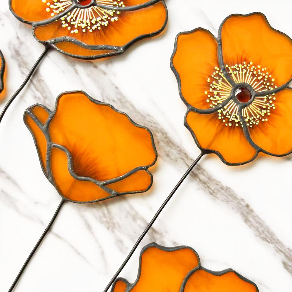 California Poppy Stained Glass Bouquet, Home Decor, Set of 6