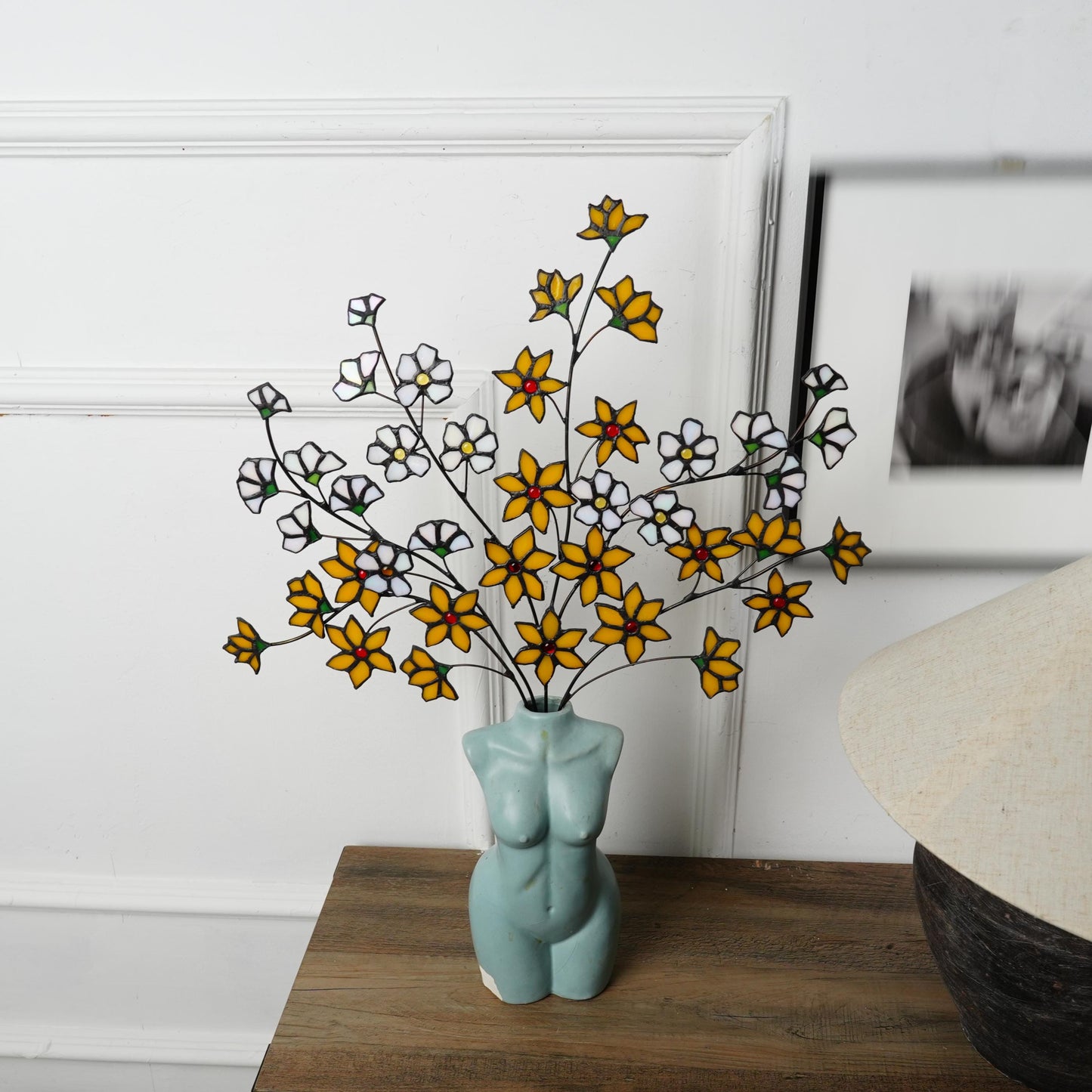 Stained Glass Winter Jasmine Flower Decor: Yellow & White Floral Art