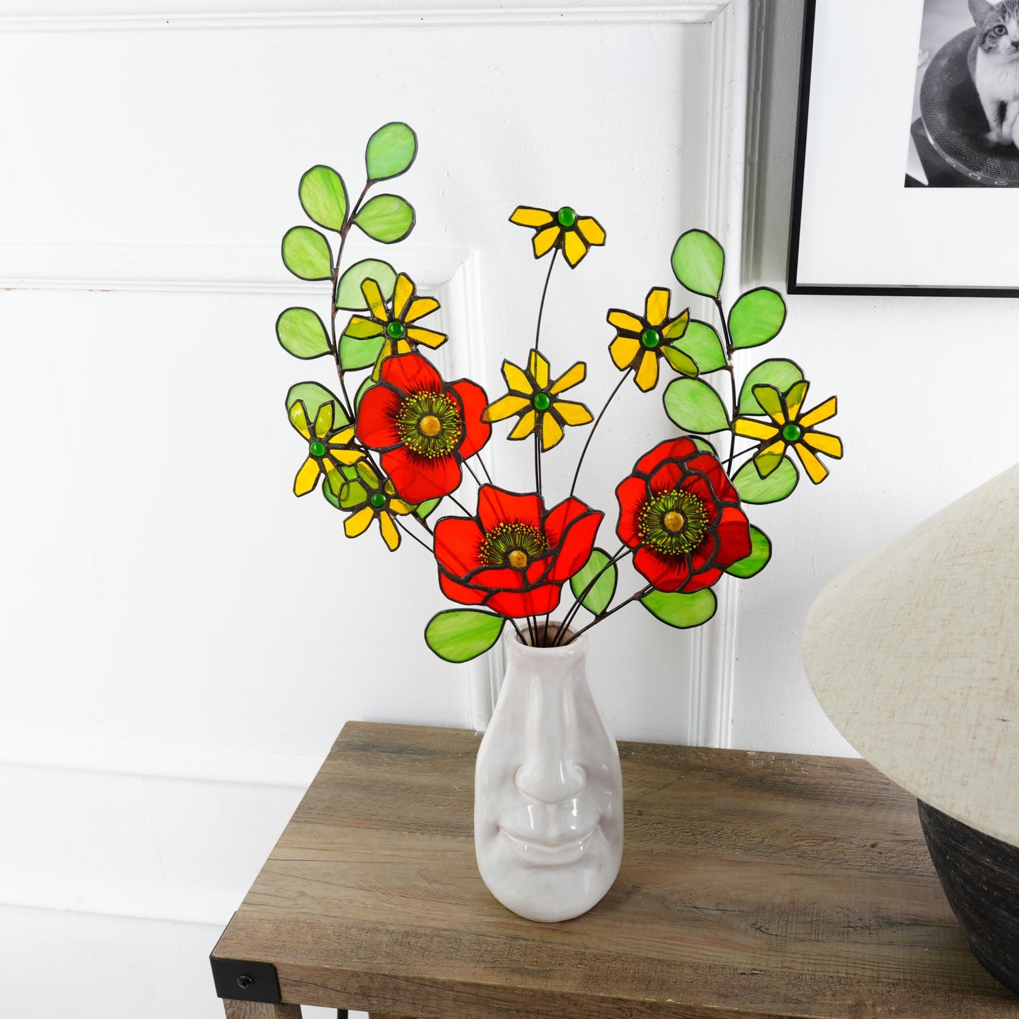 Handmade Stained Glass Poppy & Daisy Bouquet: Floral Home Decor
