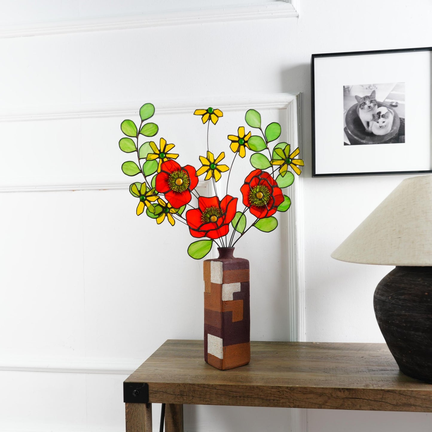 Handmade Stained Glass Poppy & Daisy Bouquet: Floral Home Decor
