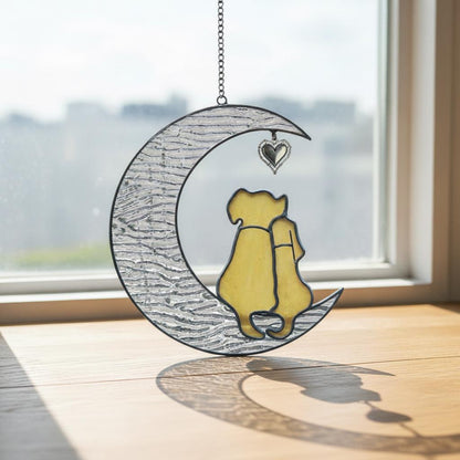 Stained Glass Dog Suncatcher, Couple on Moon, Dog Lover Gift