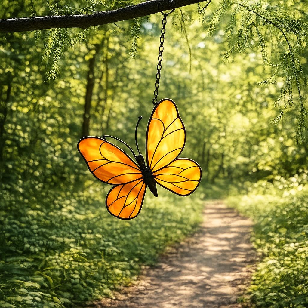 Yellow Stained Glass Butterfly Suncatcher, Window Garden Decor