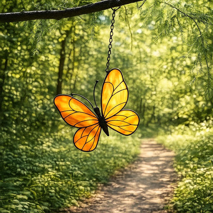 Yellow Stained Glass Butterfly Suncatcher, Window Garden Decor