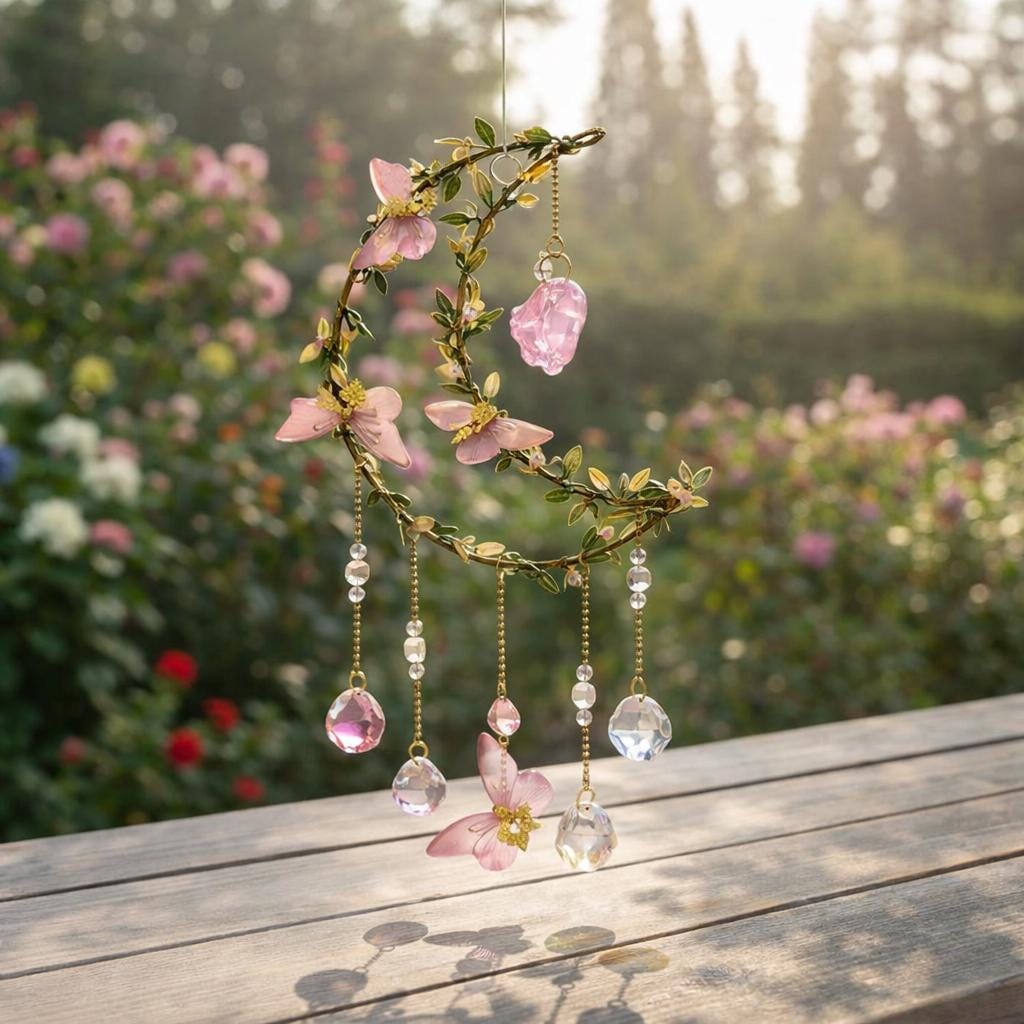 Crystal Moon Suncatcher, Pink Flowers, Fairycore Window Prism