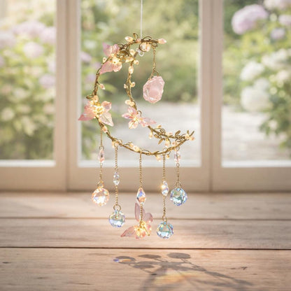 Crystal Moon Suncatcher, Pink Flowers, Fairycore Window Prism