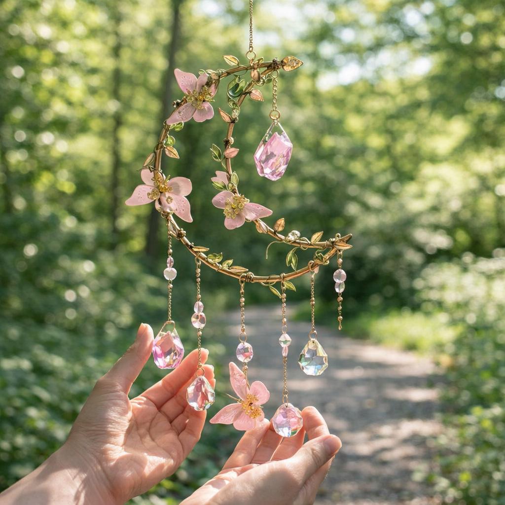 Crystal Moon Suncatcher, Pink Flowers, Fairycore Window Prism