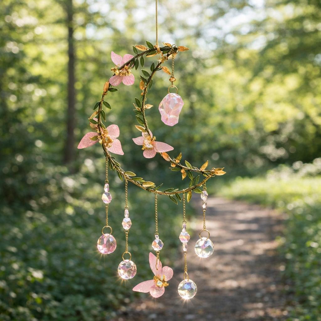 Crystal Moon Suncatcher, Pink Flowers, Fairycore Window Prism