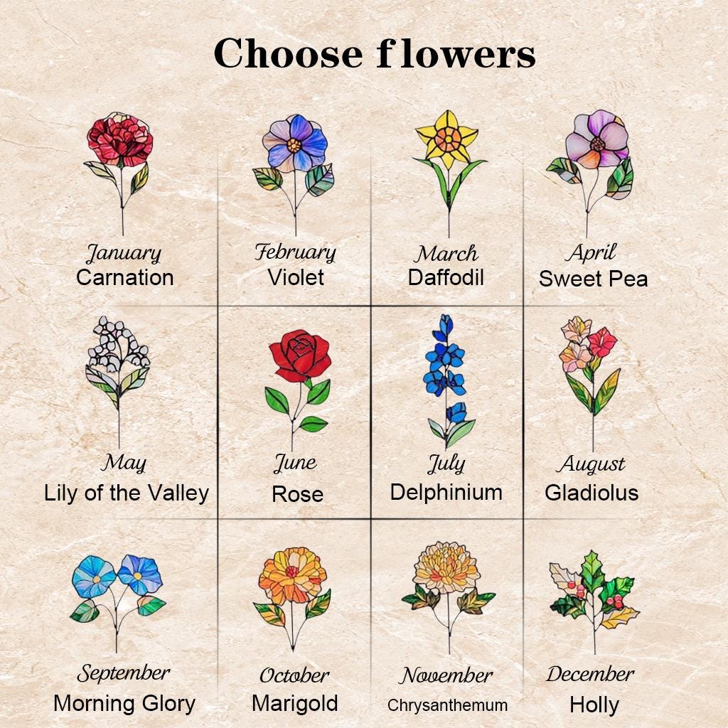Custom Stained Glass Birth Month Flower Bouquet, Personalized Plant Stake