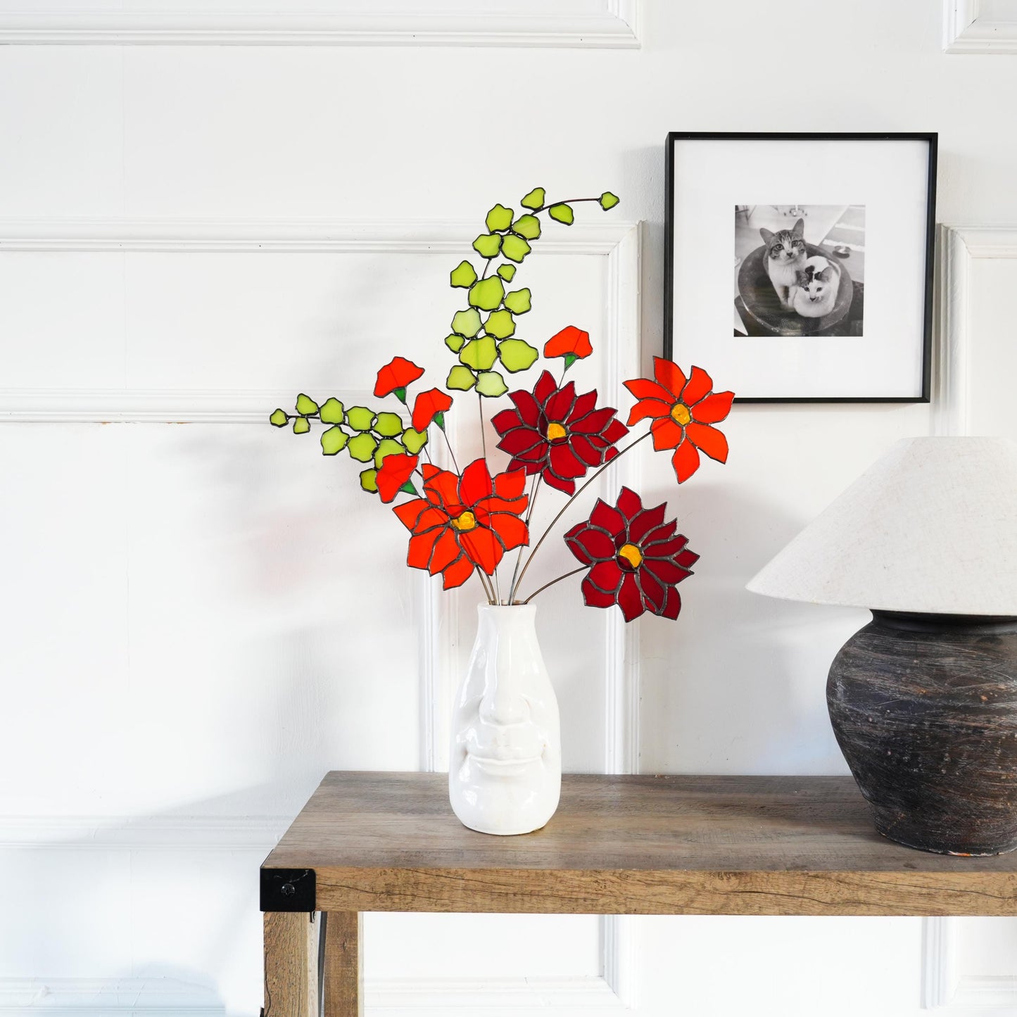 Stained glass Dahlia bouquet and Eucalyptus-Spring home decor