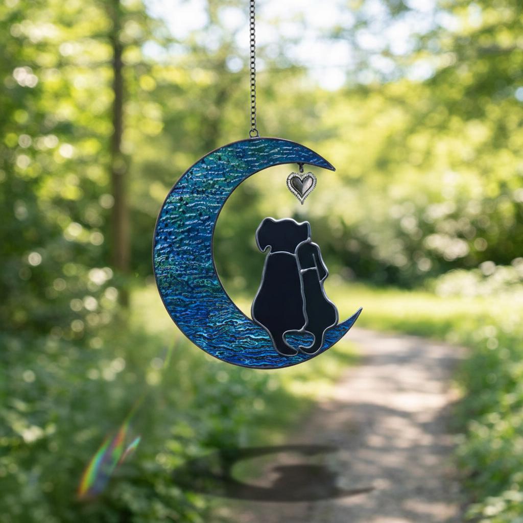 Stained Glass Dog Suncatcher, Couple on Moon, Dog Lover Gift