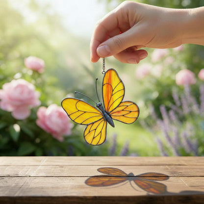 Yellow Stained Glass Butterfly Suncatcher, Window Garden Decor