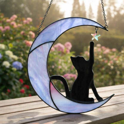 Stained Glass Cat on Moon Suncatcher, Celestial Window Decor